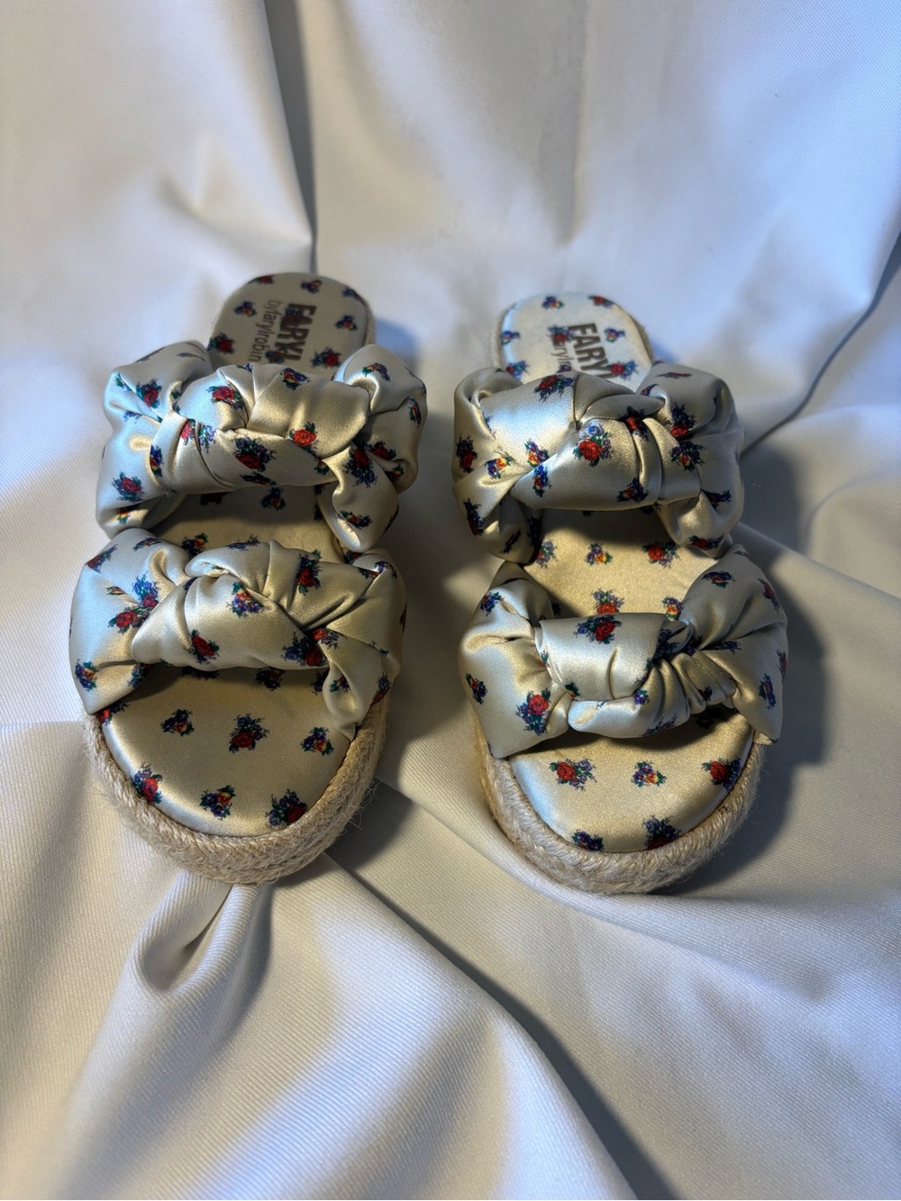 Farylrobin Cream Satin Floral Knot Espadrille Slides